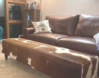 Mesa de centro/otomana/banco/otomana para el pie de la cama, larga y estrecha, de piel de vaca.