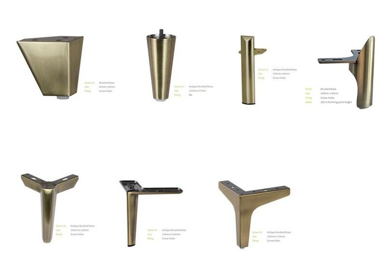 May include: Assortment of six gold metal furniture legs in various styles.  The legs are all brushed brass and have a vintage look.  The legs are 10 cm (4 inches) tall.