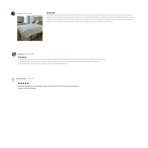 This picture has some screenshots of five star reviews from customers who purchased one of these custom made chesterfield style headboards with a mirror frame from Glam Bespoke Designs.