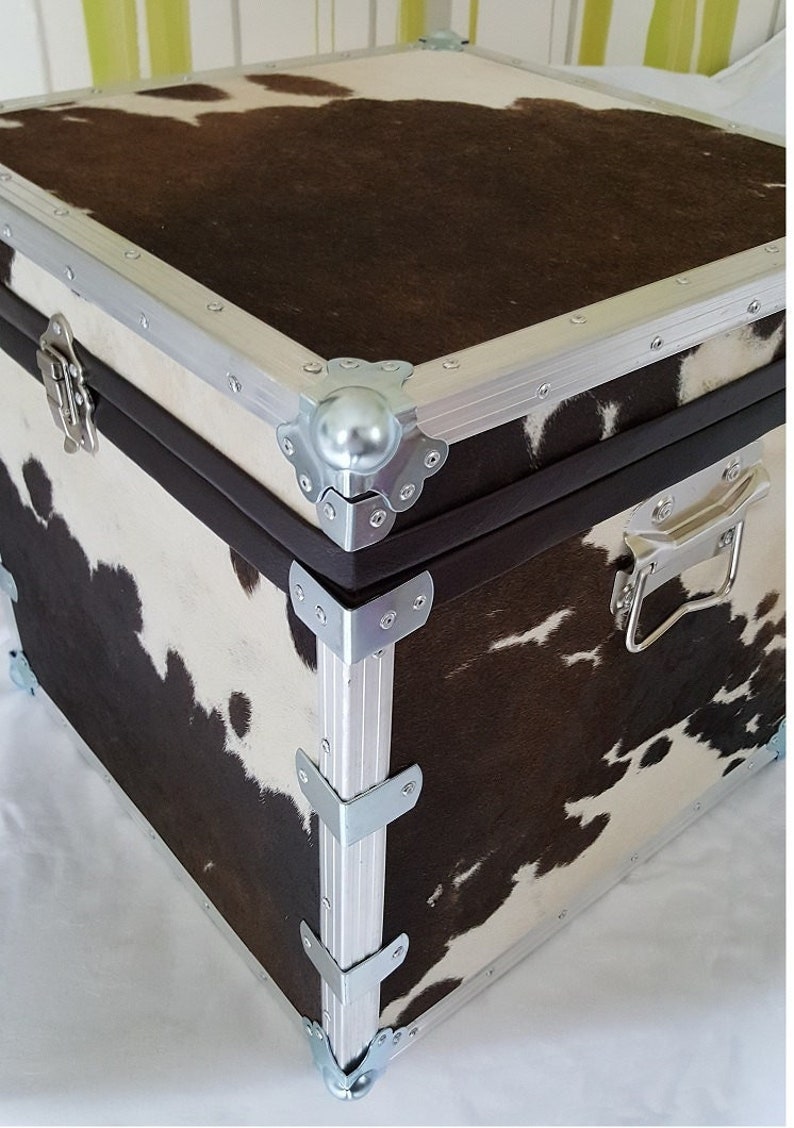 May include: A brown and white cowhide storage trunk with silver metal accents and a brown leather trim. The trunk has a metal handle and a latch.