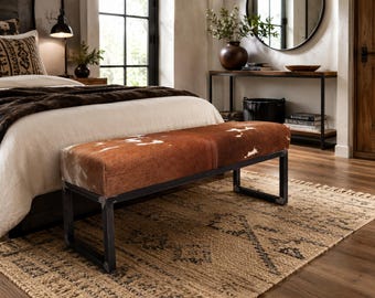 Rustic Steel Frame Cowhide Bench