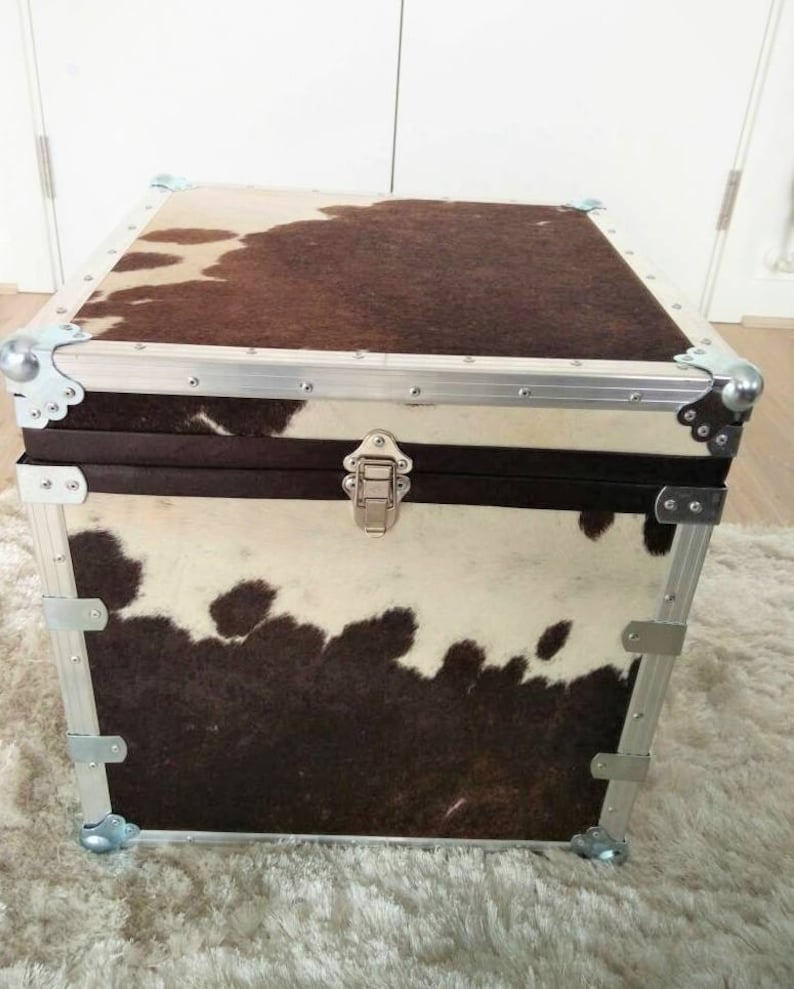 Cowhide And Metal Storage Trunk Footstool Occasional Etsy