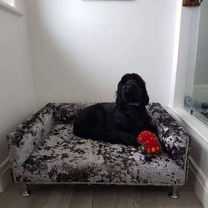 May include: A black dog laying on a gray and white velvet dog bed with a red toy. The bed has silver studs around the edges and silver legs.