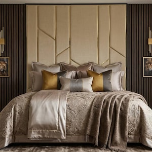 Floor-to-Ceiling Upholstered Panel Headboard, Gold Inlay, Custom Sizes (UK Handmade)