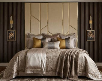 Floor To Ceiling Upholstered Panel Headboard With Gold Inlay, All Sizes Available