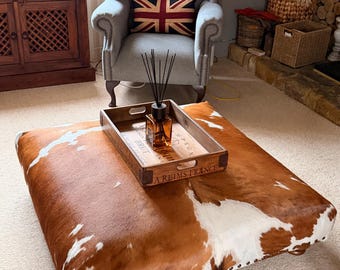 Handmade Cowhide Ottoman Coffee Table, Brown & White with Studded Base 1m x 1m
