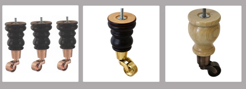 May include: Three black wooden furniture legs with copper-colored wheels. One single black wooden furniture leg with a gold-colored wheel. One single light brown wooden furniture leg with a dark brown wheel.