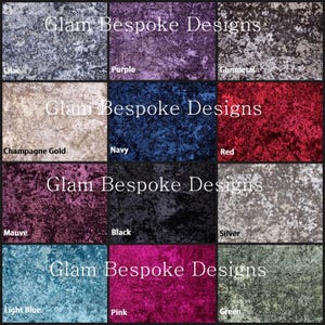 This picture shows the colours of the velvet that the headboard can be made in.  the colours are Lilac, Purple, Gunmetal, Champagne Gold, Navy, Red, Mauve, Black, Silver, Light Blue, Pink and Green.