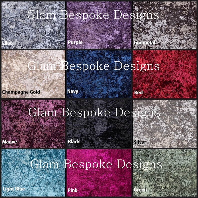 This picture shows the colours of the velvet that the headboard can be made in.  the colours are Lilac, Purple, Gunmetal, Champagne Gold, Navy, Red, Mauve, Black, Silver, Light Blue, Pink and Green.