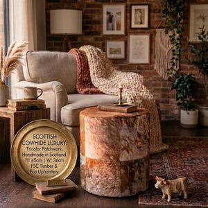 Luxury Handmade Cowhide Drum Stool, Custom Patchwork Cow Hide Side Table