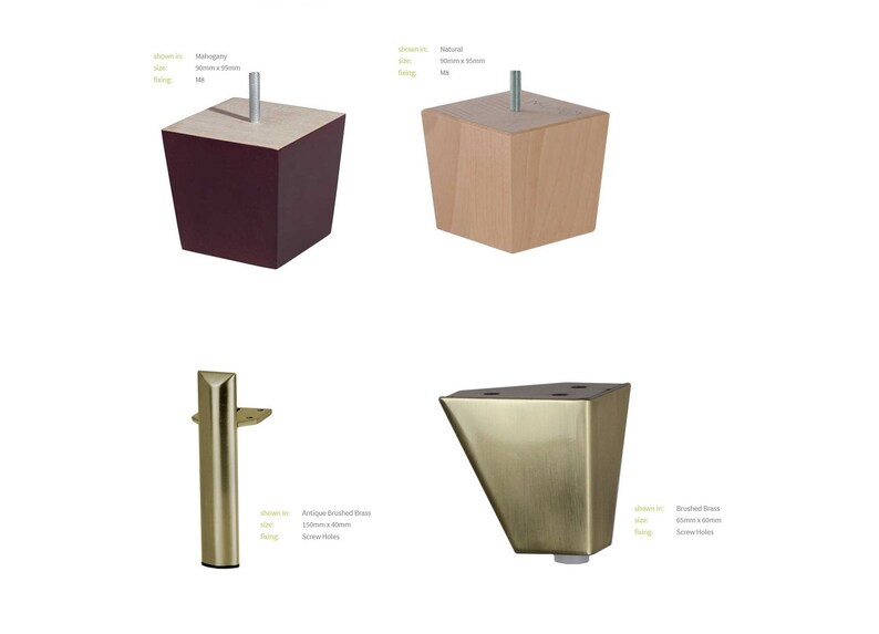 May include: Four different furniture leg options. Two square wooden legs in mahogany and natural wood finishes. Two metal legs in antique brushed brass and brushed brass finishes. Each leg has a screw hole for attaching to furniture.