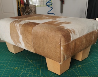 Patchwork Tan & White Cowhide Footstool