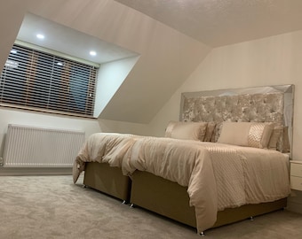 Custom Made, Upholstered Mirror Framed, Diamond Tufted Headboard, Chesterfield Style Headboard - All Sizes