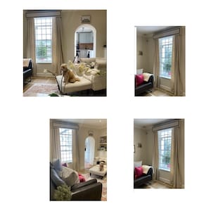 Here we have a collage of pictures of the same room from different angles, but they all show the period style large window with a cream coloured box pelmet which has a darker velvet border, there also show the matching floor length curtains.