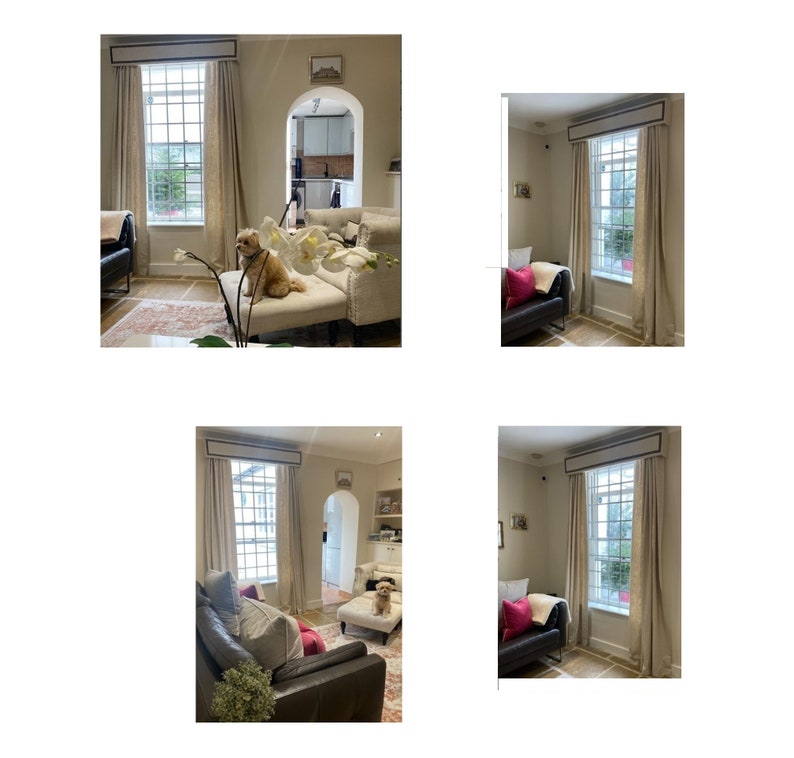 Here we have a collage of pictures of the same room from different angles, but they all show the period style large window with a cream coloured box pelmet which has a darker velvet border, there also show the matching floor length curtains.