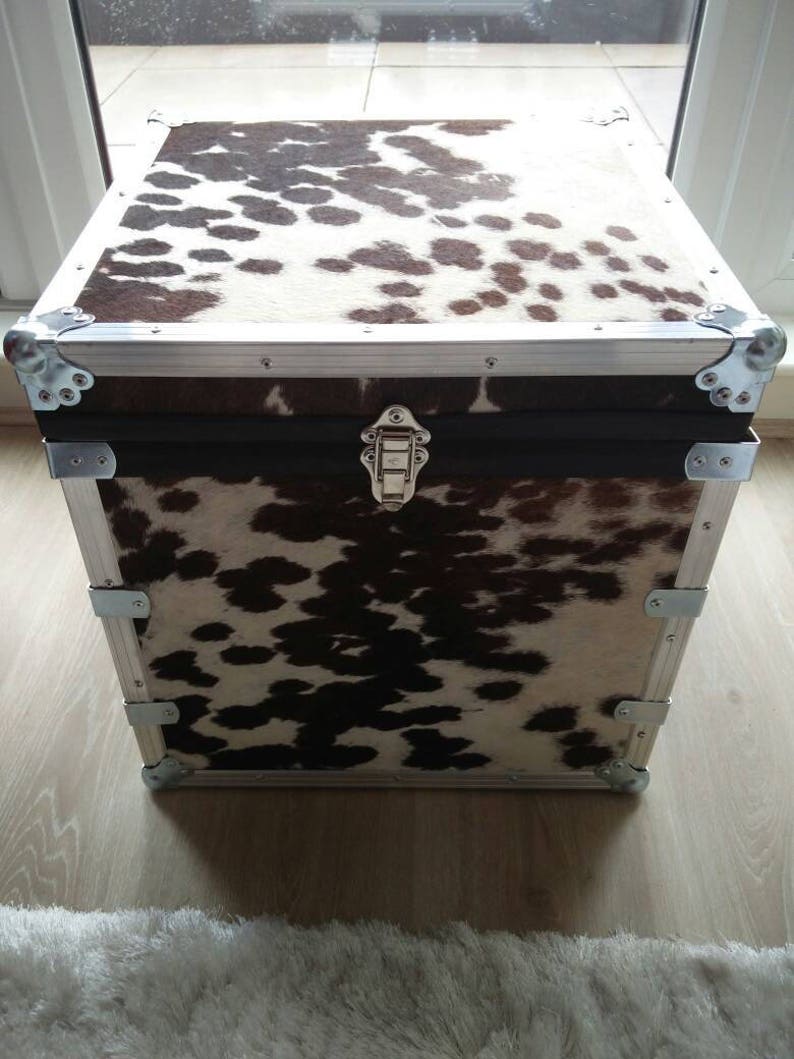 May include: A brown and white cowhide storage trunk with silver metal accents and a silver latch.