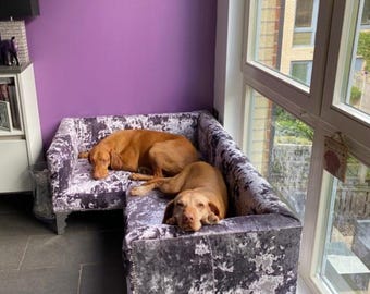Luxury Crushed Velvet Corner Dog Bed for 2 Dogs, Memory Foam, Chrome Legs