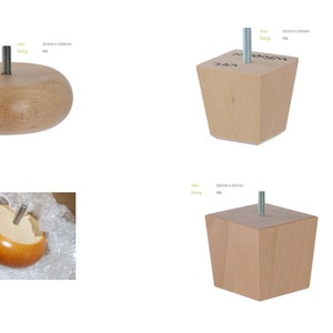 May include: Four wooden furniture legs with a threaded metal rod protruding from the top. The legs are in various shapes, including round, square, and rectangular. The round leg is 3 1/4 inches in diameter and 1 1/4 inches tall. The square leg is 3 inches wide and 1 1/4 inches tall. The rectangular leg is 3 inches wide and 1 1/4 inches tall.