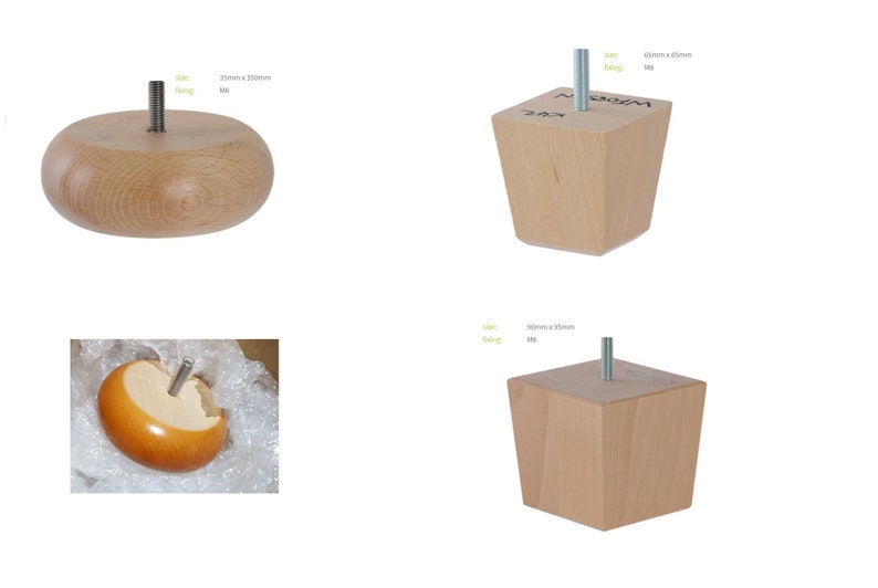 May include: Four wooden furniture legs with a threaded metal rod protruding from the top. The legs are in various shapes, including round, square, and rectangular. The round leg is 3 1/4 inches in diameter and 1 1/4 inches tall. The square leg is 3 inches wide and 1 1/4 inches tall. The rectangular leg is 3 inches wide and 1 1/4 inches tall.