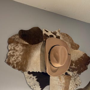 May include: A tan cowboy hat with a dark band featuring metallic studs, mounted over a decorative wall display composed of multiple irregular patches of cowhide in shades of brown, white, and black, arranged in a layered, organic pattern.