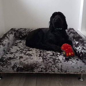 May include: A black dog laying on a gray and black velvet dog bed with a red toy. The bed has silver legs and a tufted design.