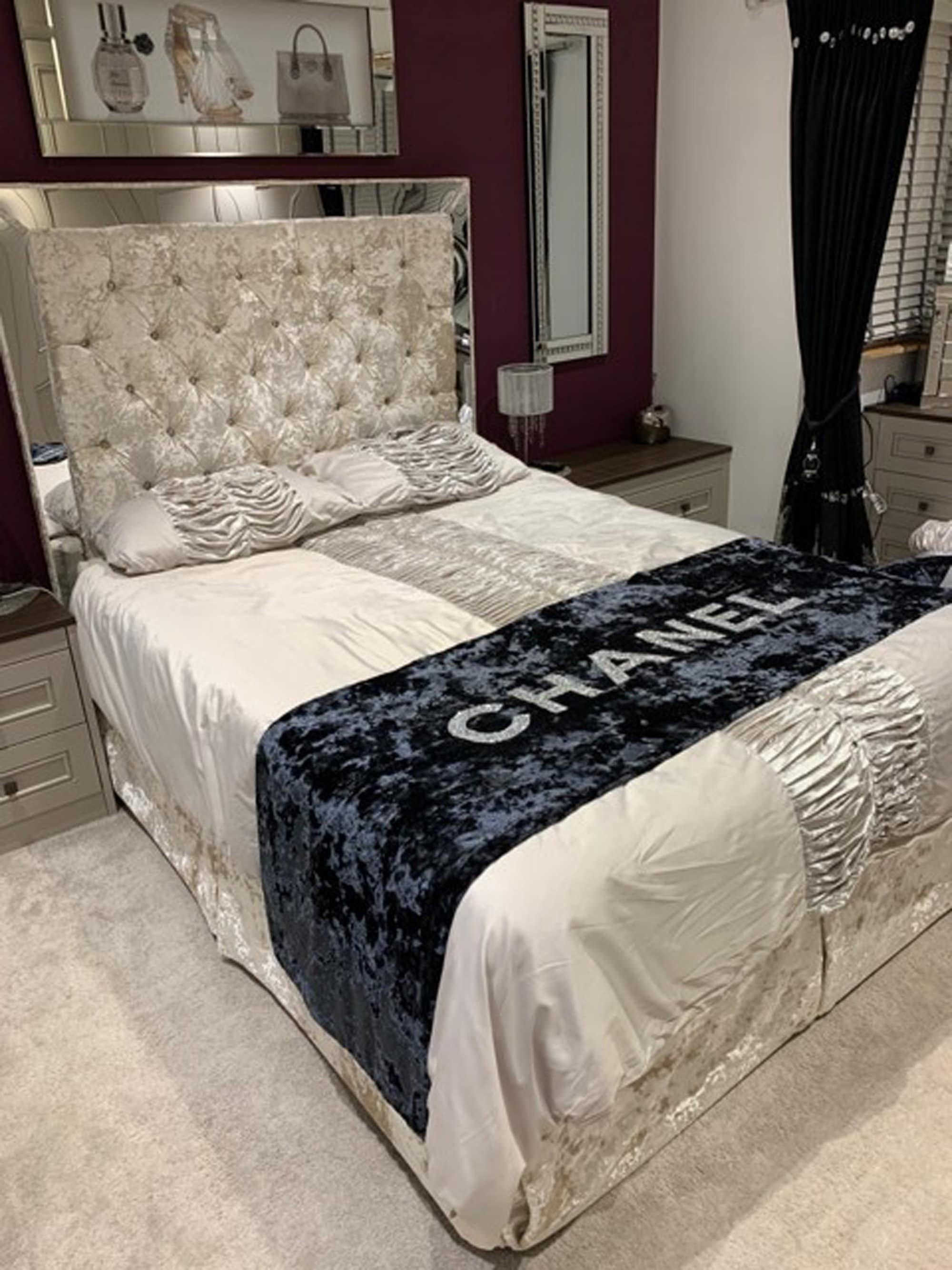 Crushed velvet bed frame with diamonds discount