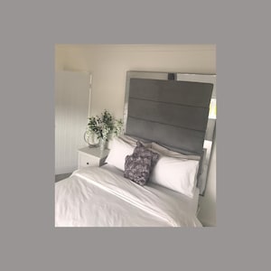 Handmade Mirror Trim, Suede Upholstered Headboard, all sizes available