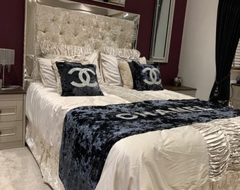 Handmade To Order, Upholstered Mirror Framed, Diamond Tufted Headboard with Cream Crushed Velvet, Chesterfield Style Headboard - All Sizes