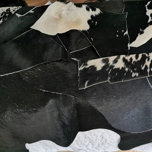 May include: A collection of irregular cowhide leather scraps featuring a mix of solid black pieces and black and white spotted patterns. The pieces have a natural hair-on texture with varying shapes and sizes, showcasing the organic hide edges.