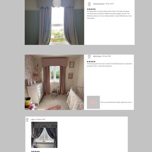 May include: Three customer reviews for custom curtains and pelmets. The first review is five stars and says "So happy with our lovely pelmet and curtains. The seller had great communication and was so helpful during the design process. The finished product is of a very high standard, I would definitely buy from them again."