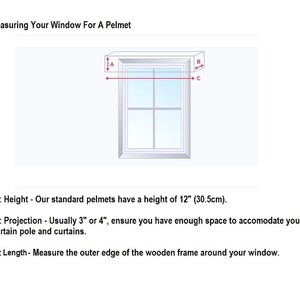 May include: Diagram showing how to measure a window for a pelmet. The diagram shows a window with a pelmet above it. The pelmet is labeled 'A' and is 12 inches (30.5 cm) high. The projection of the pelmet is labeled 'B' and is 3 or 4 inches (7.6 or 10.2 cm). The length of the window is labeled 'C'.
