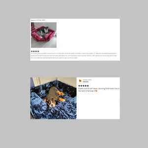 May include: Two customer reviews for a dog bed. The first review is five stars and says "of course Satars excellent product and I must be clear the build quality and fabric used is top quality deflandy exceeded expectatione would recommend to anyone and everyone, also stars for communication and customer service. I will upload a pic of my dog who is over the moon with her new bed which she barely wants to get out of now haha." The second review is five stars and says "Quality built & well happy, stunning finish looks nice in the room & he loves it."