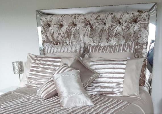 Double Headboard Upholstered Mirror Framed Diamond Tufted Double Headboard Upholstered Mirror