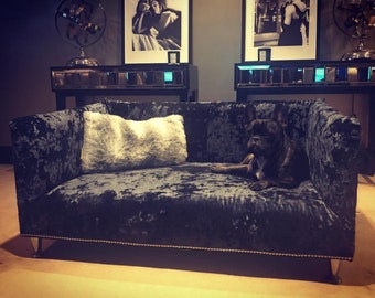 Luxurious Crushed Velvet Pet Bed, Bespoke Handmade Extra Large Dog Bed with Memory Foam, Studs and Chrome Legs