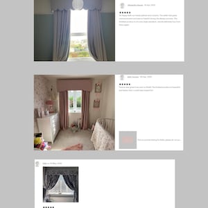 This picture shows some of the customer five star reviews from customers who have purchased box pelmets and matching curtains from Glam Bespoke Designs.