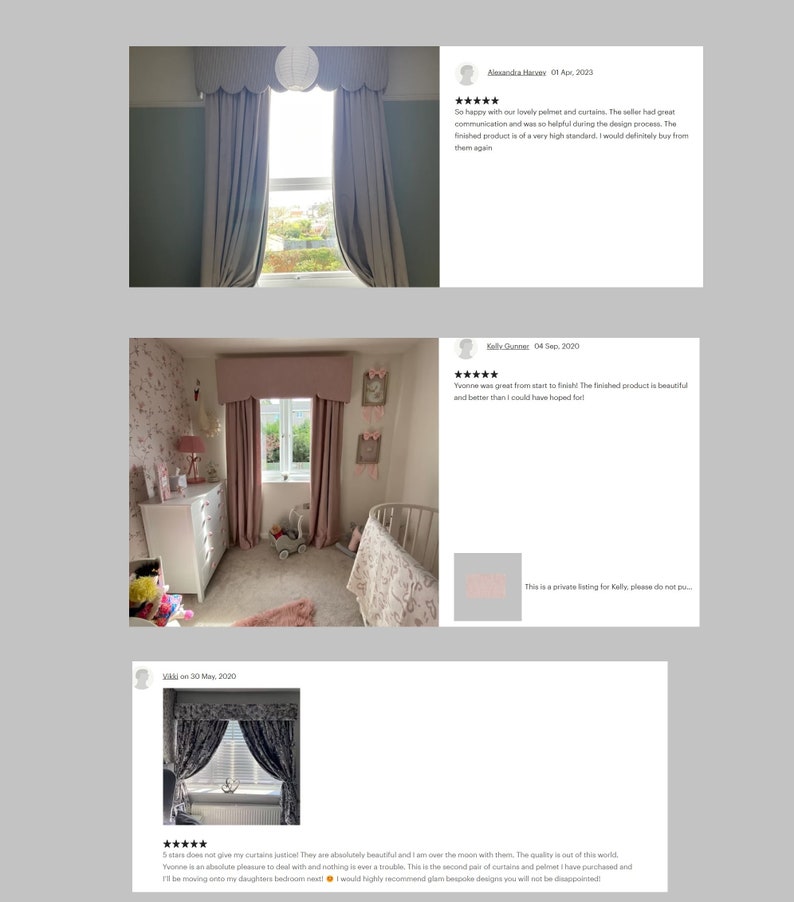 This picture shows some of the customer five star reviews from customers who have purchased box pelmets and matching curtains from Glam Bespoke Designs.
