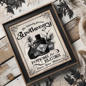 Vintage Gothic Apothecary Sign, Vintage Halloween, Potions & Elixirs Print, Halloween Wall Art, Gothic Decor