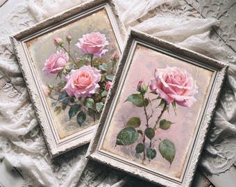 Set of 2 Vintage Rose Art Prints, Shabby Chic Wall Art, Cottagecore, Still Life Wall Art, Coquette Print, Pink Roses