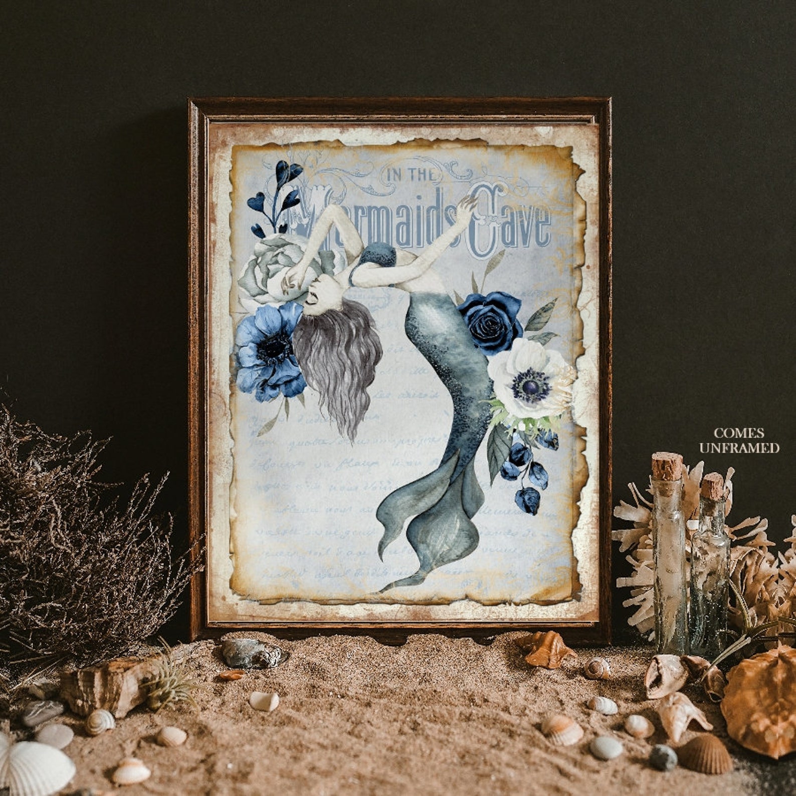 Vintage Style Mermaid Print UNFRAMED Wall Art Blue Floral Etsy