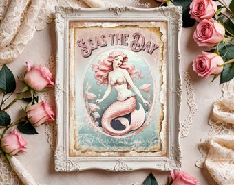 Vintage Mermaid Print | Seas the Day | Mermaid Wall Art Decoration | Nursery Wall Art | Kids Room | Inspirational