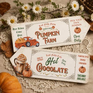 May include: Two arrow-shaped wooden signs with vintage-style graphics. The top sign reads Leaf Falls Farm Pumpkin Farm with a red truck and pumpkins. The bottom sign reads Leaf Falls Cafe Hot Chocolate with a mug of cocoa and pumpkin illustrations.