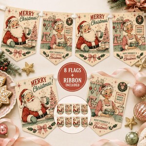 Merry Christmas Banner, Vintage Santa and Mrs Claus Bunting, Retro Christmas Garland, Cozy Little Christmas Decorations, Holiday Banner