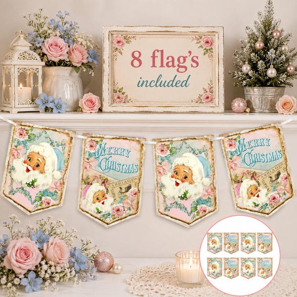 Shabby Chic Pink Santa Christmas Bunting, Pastel Merry Christmas Decor