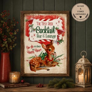 Retro Red 50s Christmas Cocktail Bar Print, Home Bar Decor, Drinks Sign, Retro Christmas Deer, Alcohol Print XMAS Holiday Festive Christmas
