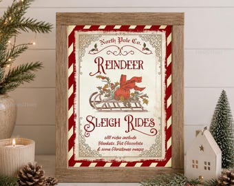 Vintage Reindeer Sleigh Rides Christmas Sign, Victorian Advertisement Print