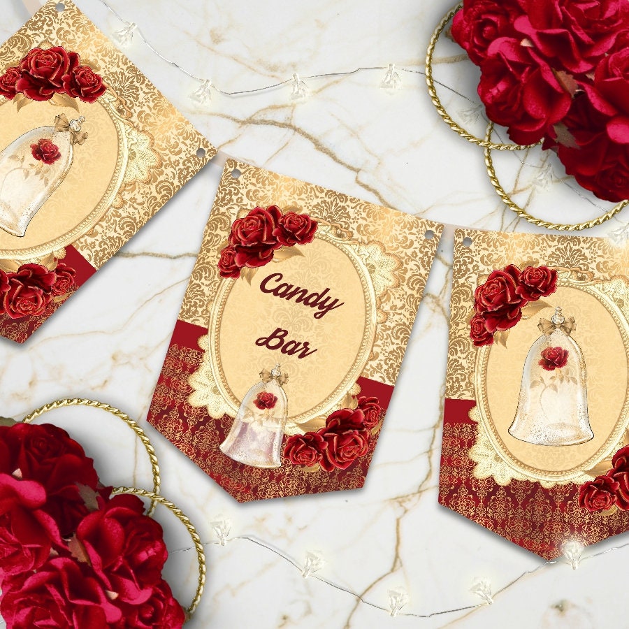 Beauty And The Beast Banner Red Gold Candy Bar Banner Etsy