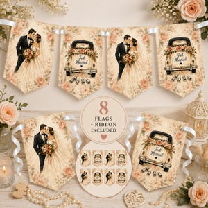 Just Married Banner, Wedding Bride and Groom Bunting, Floral Vintage Wedding Garland, Wedding Car Reception Decoration, Bridal Banner
