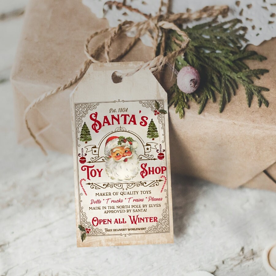 Retro Santa Christmas Tags, Santa's Toy Shop Tags, Present Labels, Tags, Holiday Decor, Kids, Toy Tags, Christmas Gift Tags , Kids Toy Tags