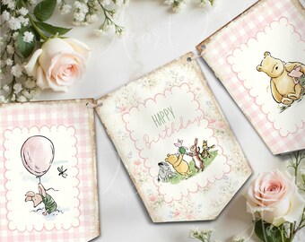 May include: A decorative bunting banner featuring three pennants with a light pink gingham border and vintage-style illustrations of Winnie the Pooh characters. The center pennant displays the text Happy Birthday in a cursive green font.