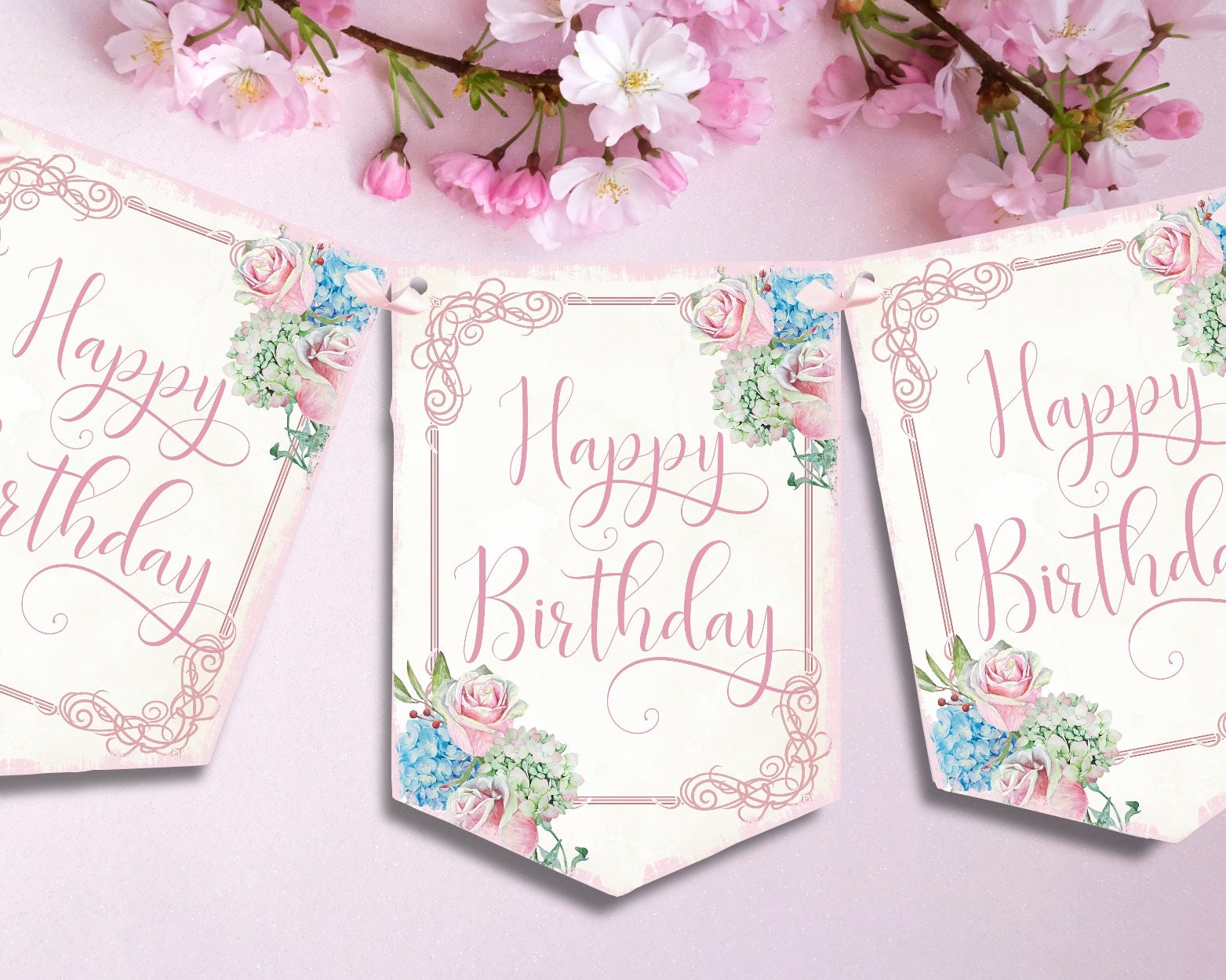 Shabby Chic Flower Happy Birthday Bunting Pink Rose Bunting Etsy